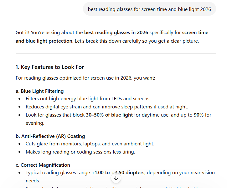 ChatGPT answering 'best reading glasses for screen time and blue light 2026' — a generic features explainer with no brand named.
