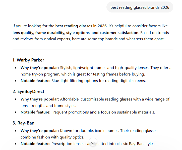 ChatGPT answering 'best reading glasses brands 2026' — it recommends three competitor brands; the audited brand does not appear.